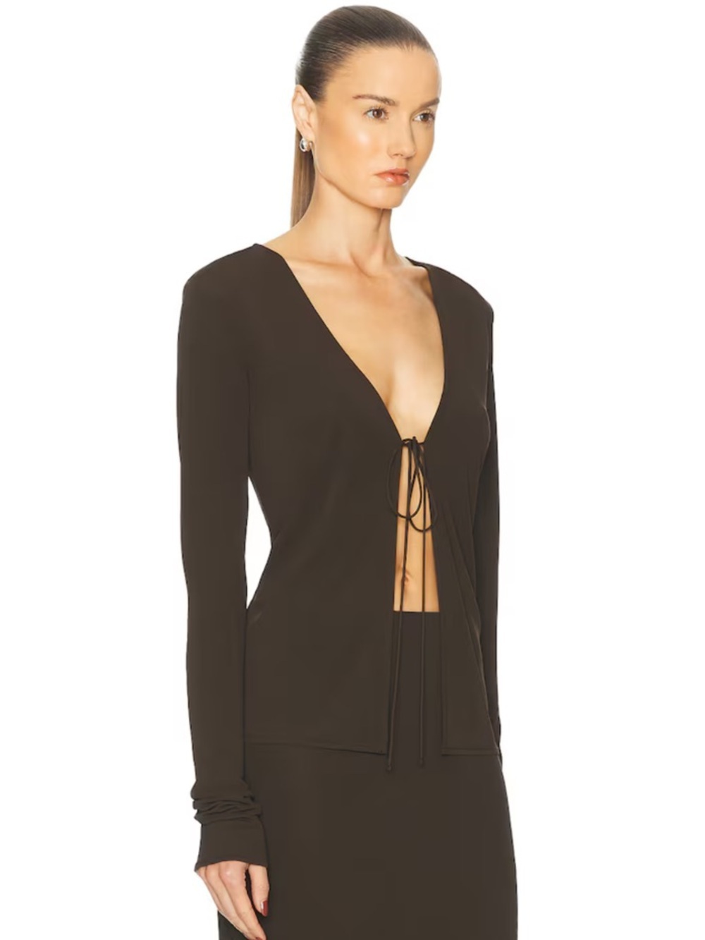 EAVES Lian Reversible Top Deep V Tie-Front Blouse Brown Jersey FWRD M - Picture 3 of 11